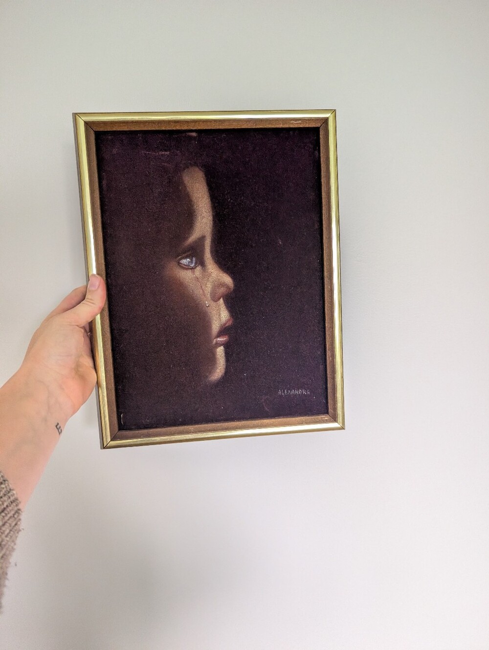 Vintage 70s Black Velvet Crying Girl Portrait Painting Signed Alexandra - 10x13